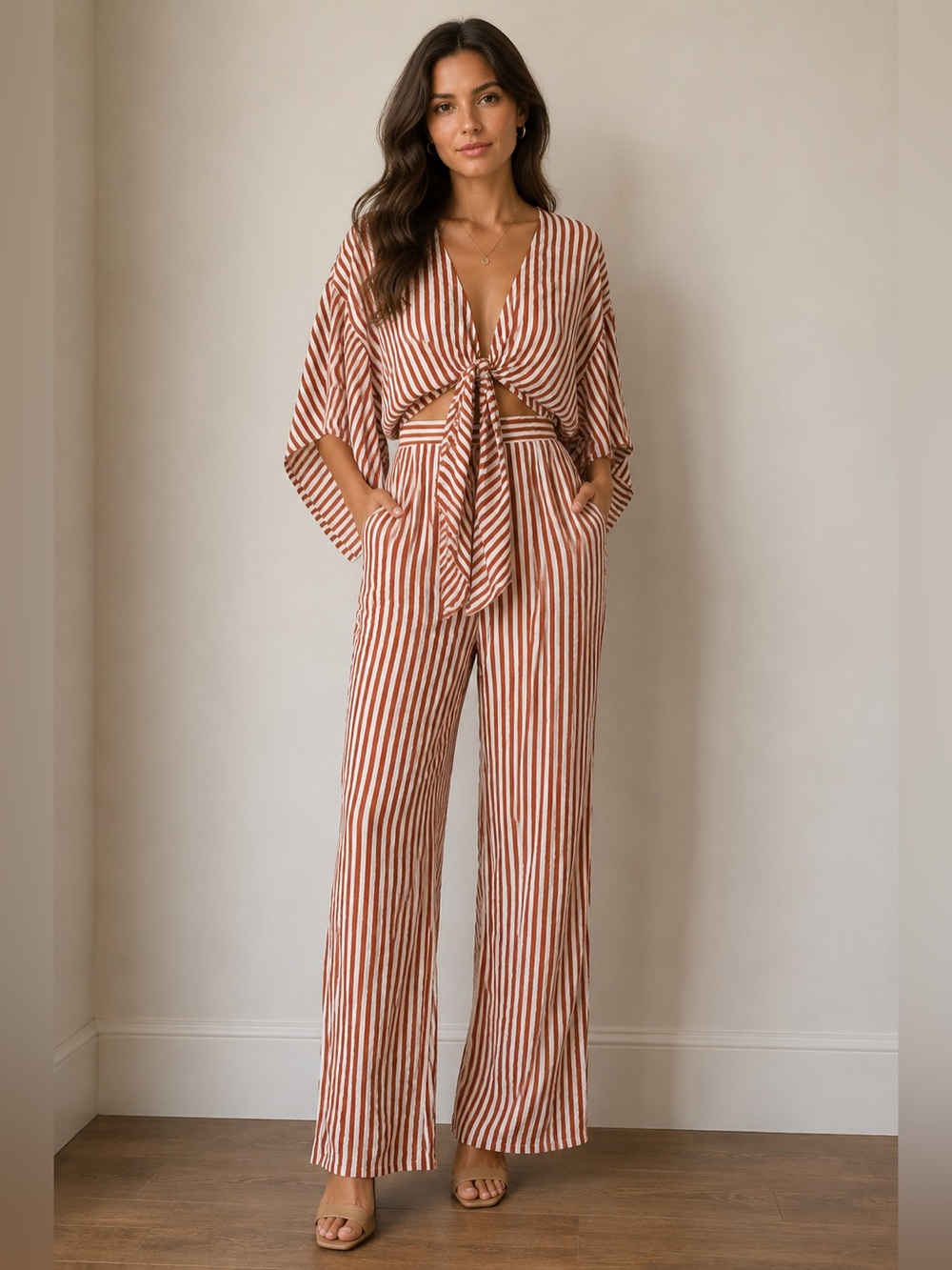 Faithfull The Brand Striped Cutout Tie Front Wide Leg Resort Jumpsuit size 2